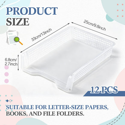 Geetery Set of 12 Plastic Trays for Teachers Turn in Trays Classroom Stackable Paper Tray Plastic Classroom Teachers Desk Letter Organizer Storage Baskets for Office, Desk, Home (Clear)