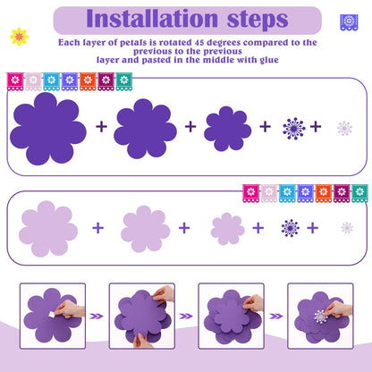 Mooliwe Paper Flowers Decorations for Wall DIY 3D Paper Bulletin Board Mexican Flowers Backdrop Decoration for Classroom Back to School Holiday Party(Purple,12 Set)