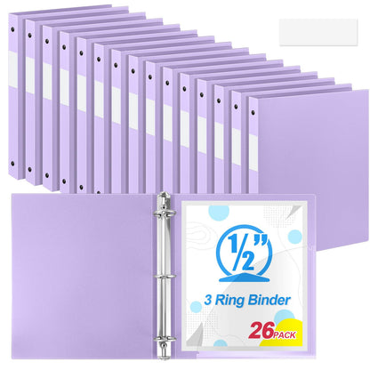 Henoyso 26 Pack 0.5 Inch Plastic 3 Ring Binder Round Ring, Bulk 1/2 Inch Flexible Binders Hold 140 Sheets Letter Size with Pocket, Document Organizer for Back to School Classroom Office (Light Purple)