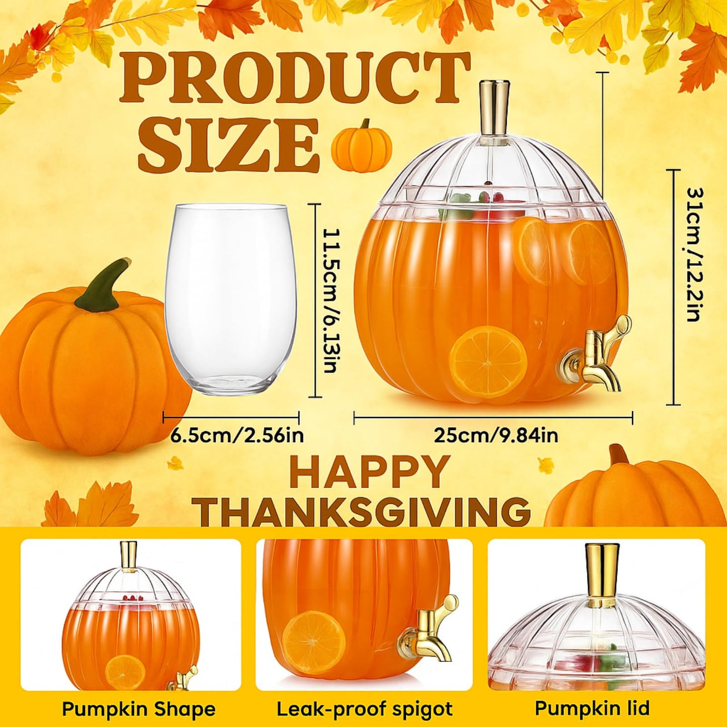 Potchen 1.3 Gallon Thanksgiving Pumpkin Drink Dispenser with 4 Clear Plastic Cups Pumpkin Shaped Drink Dispenser Fall Harvest Kitchen Decoration with Spigot for Halloween Autumn Party Supplies