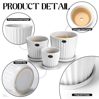 Acellegic 3 Pcs Ceramic Plant Pots 7.3/6/4.7 Inch Ceramic Flower Pot with Drainage Hole and Saucer Decorative Planter Indoor Outdoor for Gardening Home Desktop Office Windowsill Decoration Gift(White)