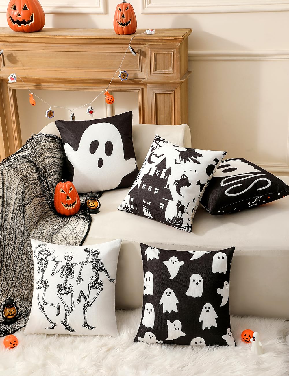 multiwins Halloween Decorations Set of 4 Double-Sided Print Ghost Pillow Covers 16" x 16", with 8 Cute Halloween Decor Patterns, Soft Linen Throw Pillow Covers for Outdoor & Indoor Use