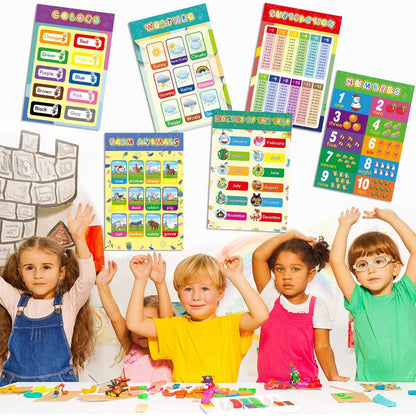 16 Pack Laminated Preschool Learning Posters for Toddlers, Waterproof Classroom & Homeschool Educational Wall Charts with Alphabet, Numbers, Math & Solar System, 16.5 × 11 in, Adhesive Dots Included
