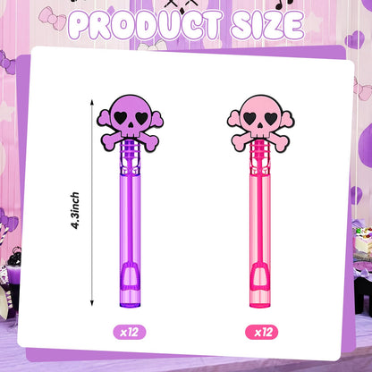 RoundFunny 24 Pcs Skull Mini Bubble Wands Skeleton Theme Party Supplies Favors Decorations Kawaii Cartoon Pink Purple Bubbles Sticks Wands for Birthday Party Goodie Gift Bag Outdoor Activity