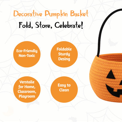 Pumpkin Storage Basket | Woven Cotton Rope Bin | Cute Halloween Candy Bowl, Trick or Treat Bag, Boo Gift, Stuffer Filler | Multipurpose Home Organizer & Gift Basket with Handles | Decorative Container