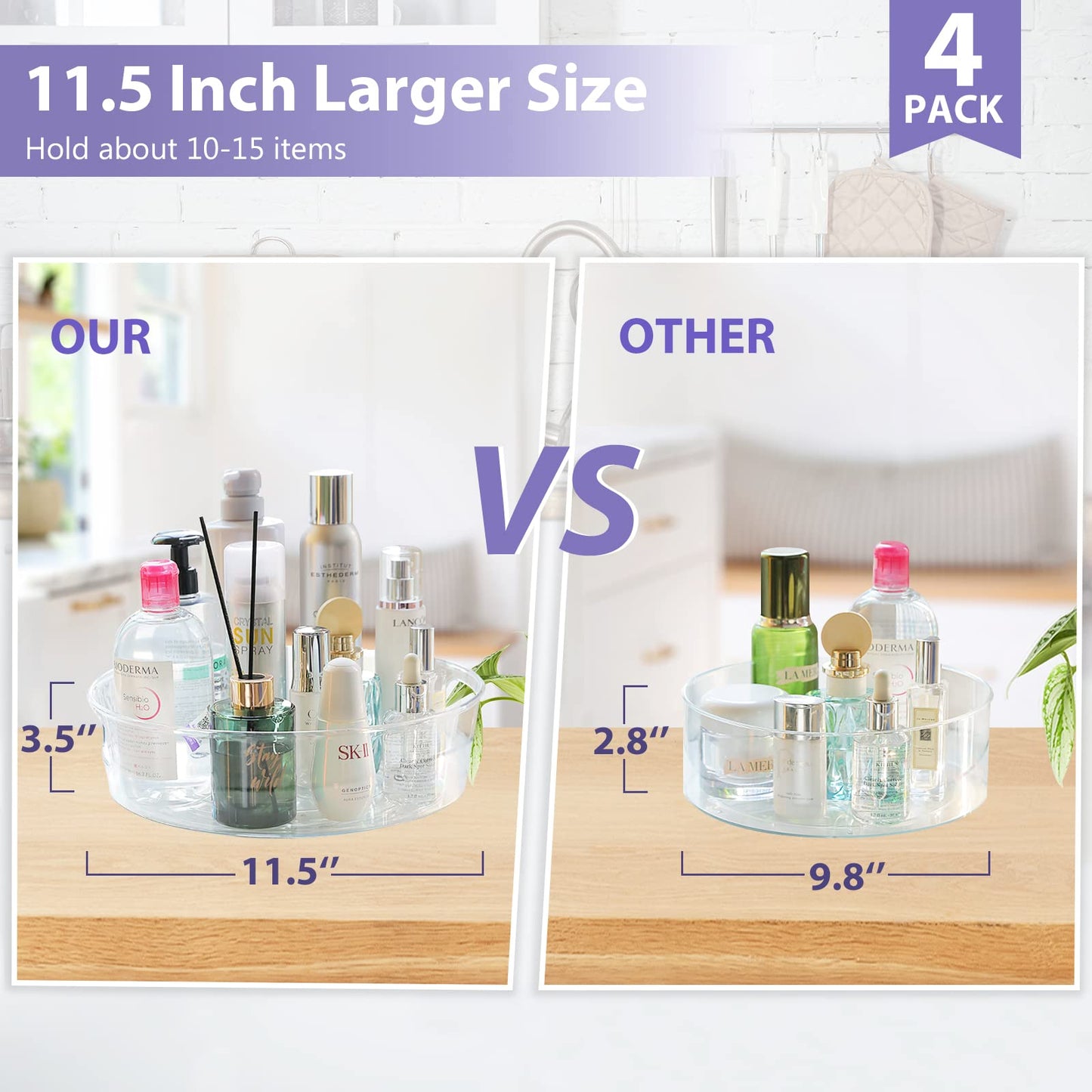 4 Pack Lazy Susan Organizer for Cabinet, Upgraded 11.5" Clear Turntable Organizer with Handles and Raised Edge, Rotating Lazy Susan Spice Storage for Kitchen, Pantry, Refrigerator, Bathroom, Table