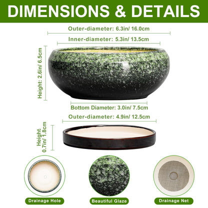 EPFamily Succulent Pots 6 Inch - Ceramic Bonsai Pots with Drainage Hole and Saucer, Succulent Planters for Indoor Outdoor, Small Shallow Planter, Round Cactus Pot, Room Decor, Plant Lover Gift, Green