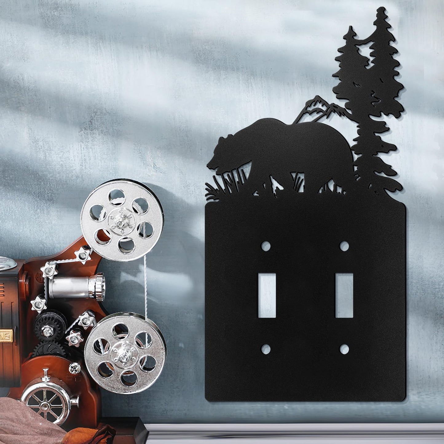 Lothee Metal Bear Switch Cover Moose Tree Mountain Elk Black Light Plate Forest Outlet Cover Toggle Switch Wall Plate Cover for Home Bedroom(Duplex Toggle)