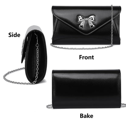Gurina Evening Clutch Purse for Women with Bow Detail, Elegant PU Leather Shiny Party Bag with Detachable Chain Wedding Prom Handbag (Black L70)