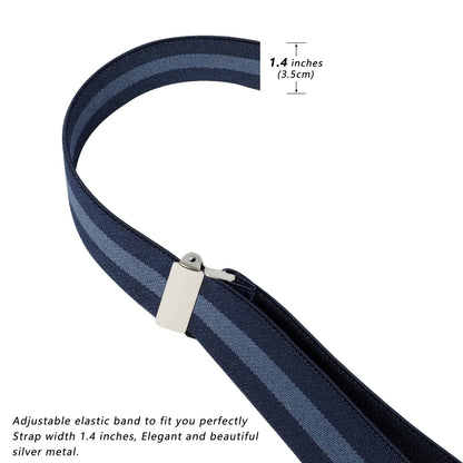 LEHOMU Men Suspenders Adjustable,1.4 Inch Wide Heavy Duty Y-Back Elastic Tuxedo Elastic Mens Suspenders with Leather Buttons and 3 Metal Clips,Black and Blue Stripe