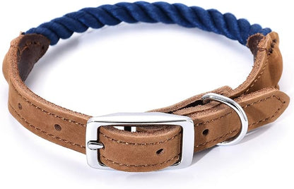 Mile High Life Genuine Leather Dog Collar, Durable Braided Cotton Rope Collar with Metal Pin Buckle for Small Medium Large Dogs (Navy Blue, M Neck 15"-18")