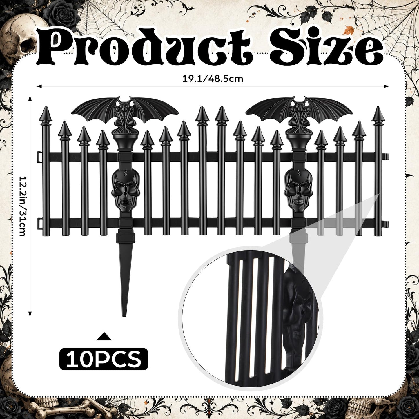 Sintuff 6 Pack Halloween Garden Fence Decoration, 18.5" x 12" Spooky Bat and Skull Decorative Plastic Fence Panel, Gothic Outdoor Yard Prop for Graveyard Scene Path Borders Haunted House Party Decor