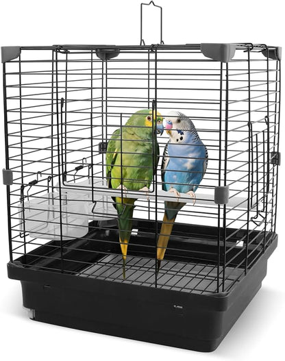 Small Bird Cage - 12x12x14.6 in Lightweight Travel Outdoor Birdcage for Parakeets, Budgies & Canaries and More Small Birds, Bird Carrier with Handle, Stand, Removable Tray, Portable for Hanging, Black