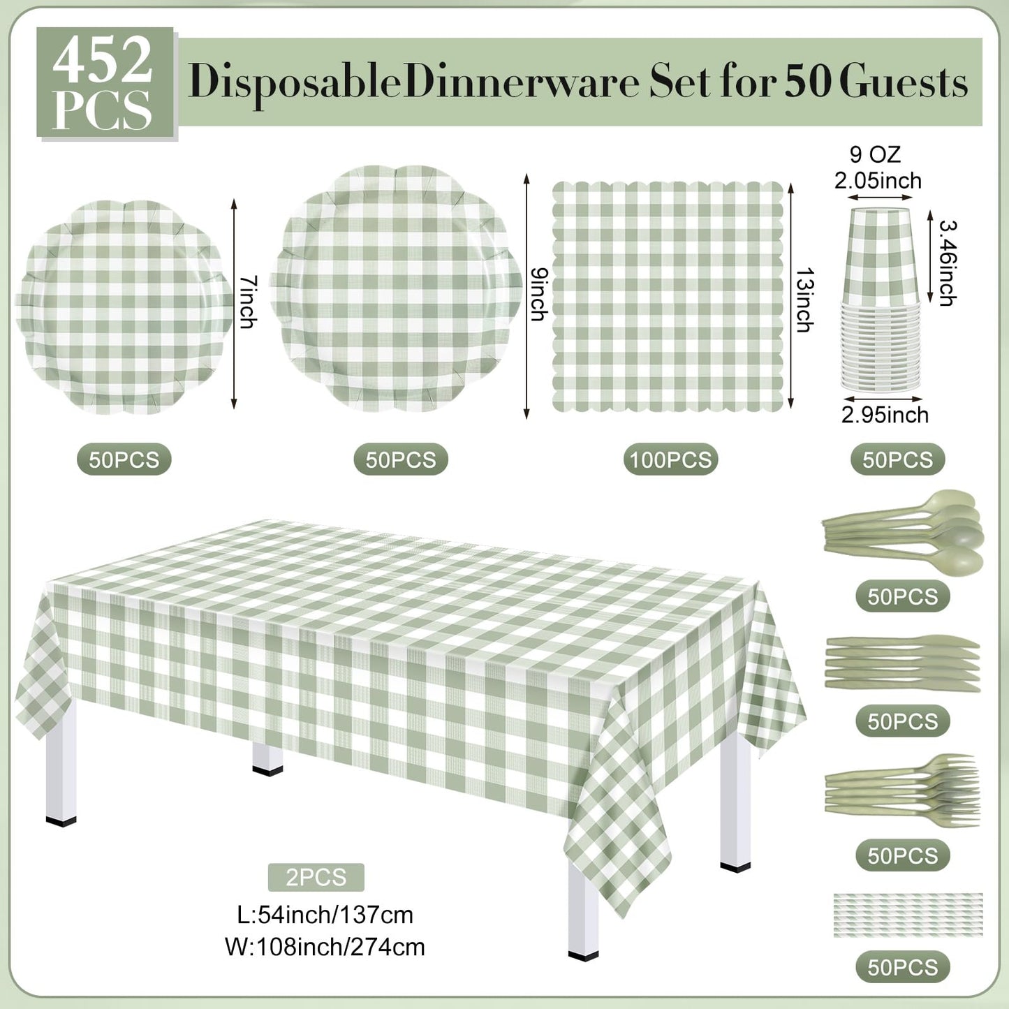 Funnymoom 452 Pcs Sage Green Gingham Party Supplies for 50 Guests, Green Gingham Paper Plates Napkins Cup Tablecloth Disposable Tableware for BBQ Picnic Birthday Baby Shower Wedding Party Decoration