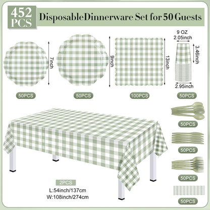 Funnymoom 452 Pcs Sage Green Gingham Party Supplies for 50 Guests, Green Gingham Paper Plates Napkins Cup Tablecloth Disposable Tableware for BBQ Picnic Birthday Baby Shower Wedding Party Decoration