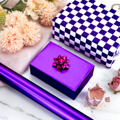 Homeral Purple Wrapping Paper Roll - 17 In x 33 Ft Matte Metallic Solid Color & Purple and White Checkered Reversible Gift Wrapping Paper for Birthday, Wedding, Christmas, Valentine, Baby Shower