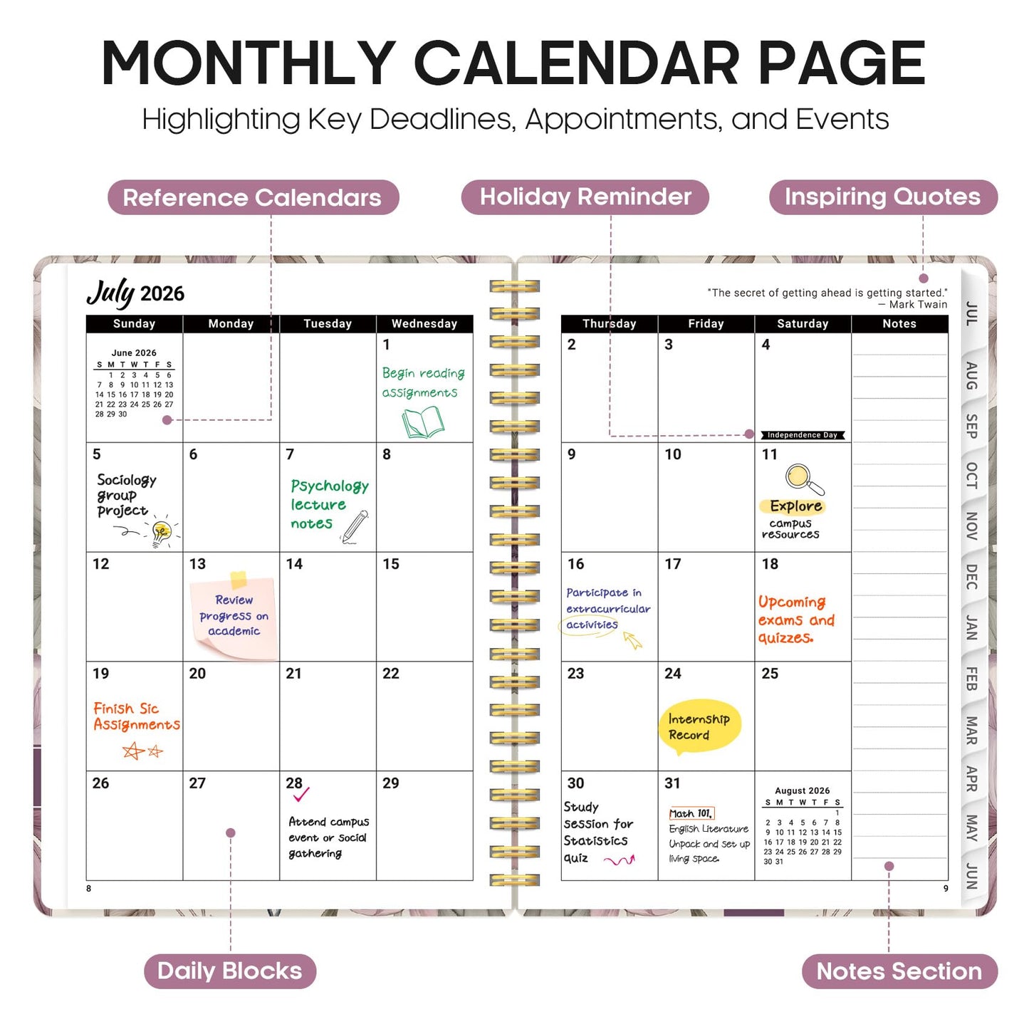 Planner 2026-2027, Academic Year Weekly and Monthly Calender Planner, from Jul 2026 - Jun 2027, Spiral Bound School Planning Book, Perfect for Teacher, Student, Women & Men, A5 (6.3" x 8.5"), Soft Peony