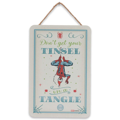 Marvel Spider-Man Don't Get Your Tinsel in a Tangle Hanging Wood Wall Decor - Funny Spider-Man Sign for Christmas Decor
