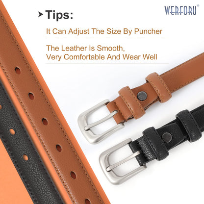 WERFORU 2 Pack Women Leather Belt for Pants Jeans Skinny Waist Belts for Dress Casual Ladies Belt Solid Pin Buckle
