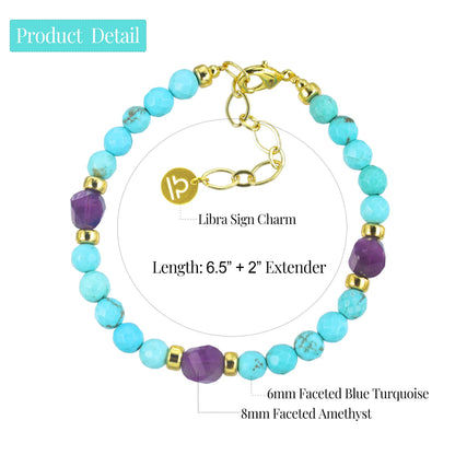 Ayriwoyi Libra Zodiac Bracelet for Women Blue Turquoise Amethyst Crystal Healing Stone Bracelet with Gold Horoscope Spiritual Bracelet Astrology Jewelry Gift for Women