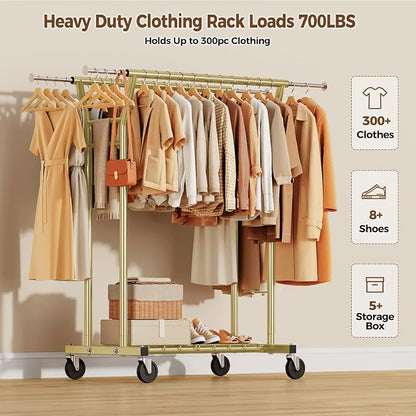 HYSEYY Heavy Duty Clothes Rack, Rolling Clothing Rack for Hanging Clothes with Shelves Load 700LBS,Portable Garment Wardrobe Closet Rack with Wheels for Bedroom,Laundry Room,Retail Store(Gold)
