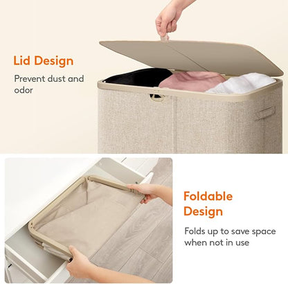 Lifewit 165L 3 Section Laundry Hamper with Lid, Large Laundry Basket with Handles and Removable Bags, Tall Clothes Hamper, Foldable Laundry Sorter for Bedroom Bathroom, Beige