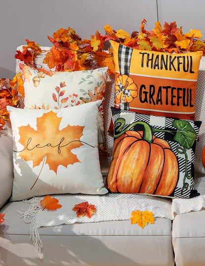 TOYPOPOR Fall Decorations Pillow Covers Double-Side Printing 16'' x 16'' Set of 4, Pumpkins Thankful Blessed Buffalo Plaid Fallen Leaves Thanksgiving Throw Cushion Cases for Outdoor Indoor Home Decor