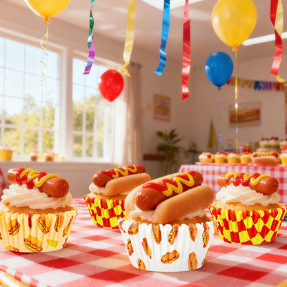 FYSUIMU 300Pcs Hotdog Cupcake Liners Hot Dog Day Baking Cups Standard Muffin Cupcake Wrappers for Summer Holiday Birthday Theme Party Supplies