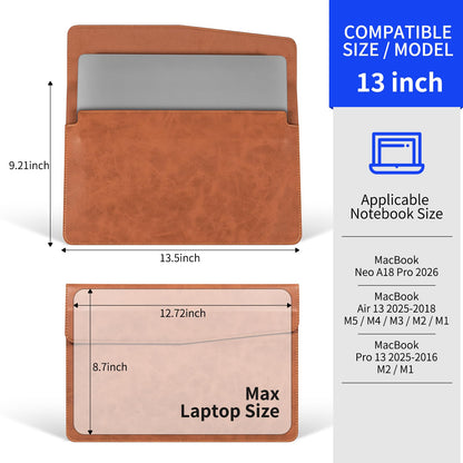CPNVWA 13 Inch Leather Laptop Sleeve Compatible with MacBook Neo 13" 2026 & MacBook Air/Pro 13" (M5/M4/M3/M2/M1, 2025-2018), Magnetic Buckle Closure Protective Case Cover,Brown