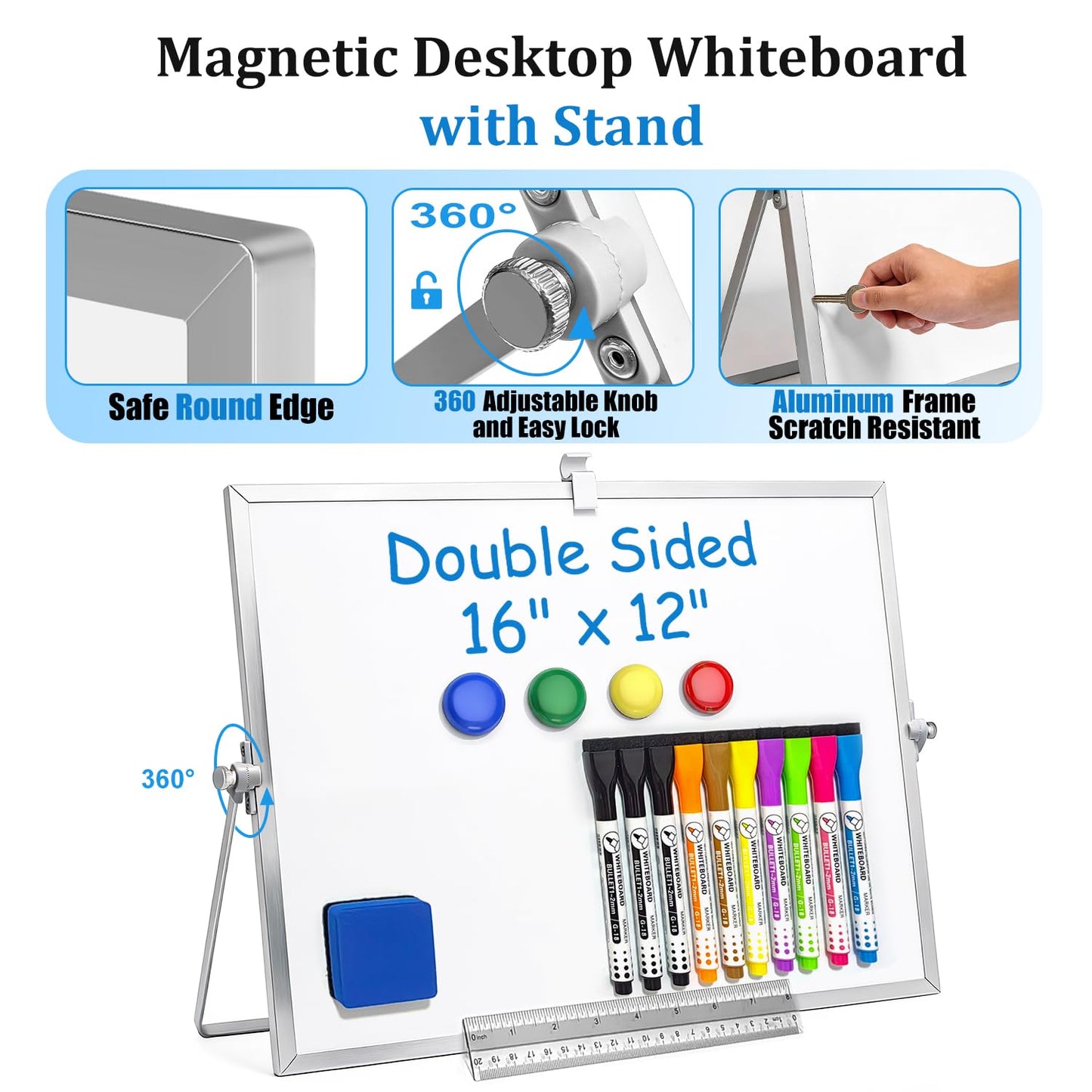 Teridokor Dry Erase Magnetic Whiteboard Double-Sided 16"x12" - Portable Desktop Whiteboard with Stand for Memo to Do List Office Home Drawing (10 Markers, 4 Magnets, 1 Eraser, 1 Ruler)