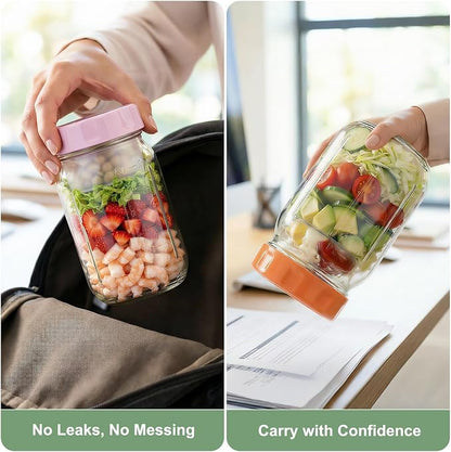 Salad Jars with Lids Meal Prep Containers Glass - 32oz Leakproof Mason Jars Salad Containers with Dressing Cup for Lunch Bentgo, Full Meal Salads Lunch Containers with Spoon Forks for Adults