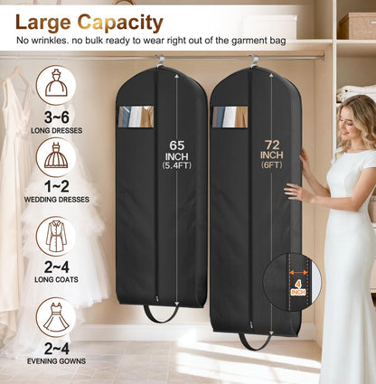 MISSLO 72" Wedding Dress Garment Bag for Travel Waterproof Dress Bags for Gowns Long 4" Gusseted Dresses Protector Bag for Closet Storage Clothing Covers for Hanging Clothes, Black