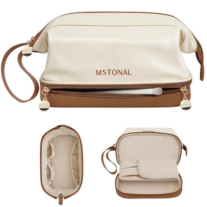 MSTONAL Travel Makeup Bag, Large Capacity Double Layer Cosmetic Bags for Women, Waterproof Portable Make Up Skincare Pouch with Makeup Brush Organizer, Toiletry Bag for Essentials, Beige & Brown