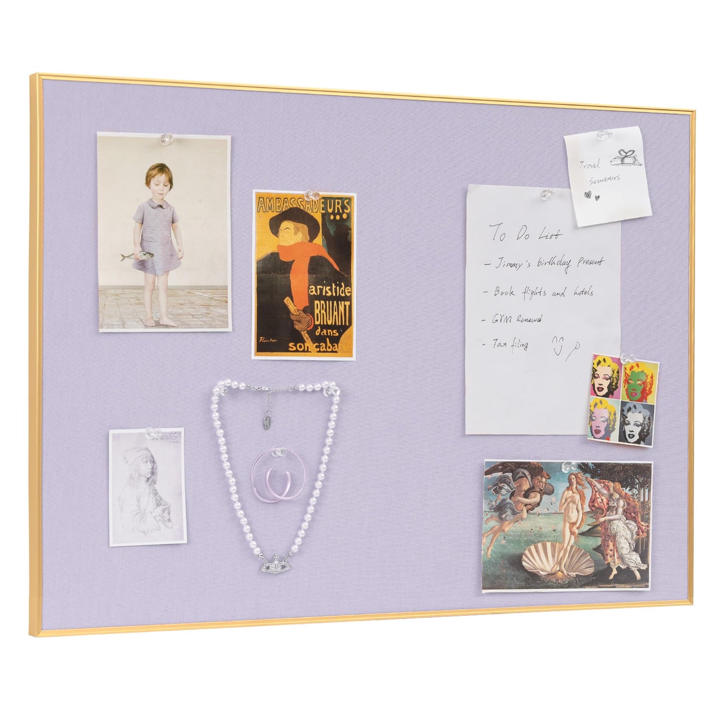 Lightomorrow Bulletin Board 40 x 30 inches, Light Lavender Pin Board, Golden Aluminum Framed Fabric Cork Board with 10 Push Pins