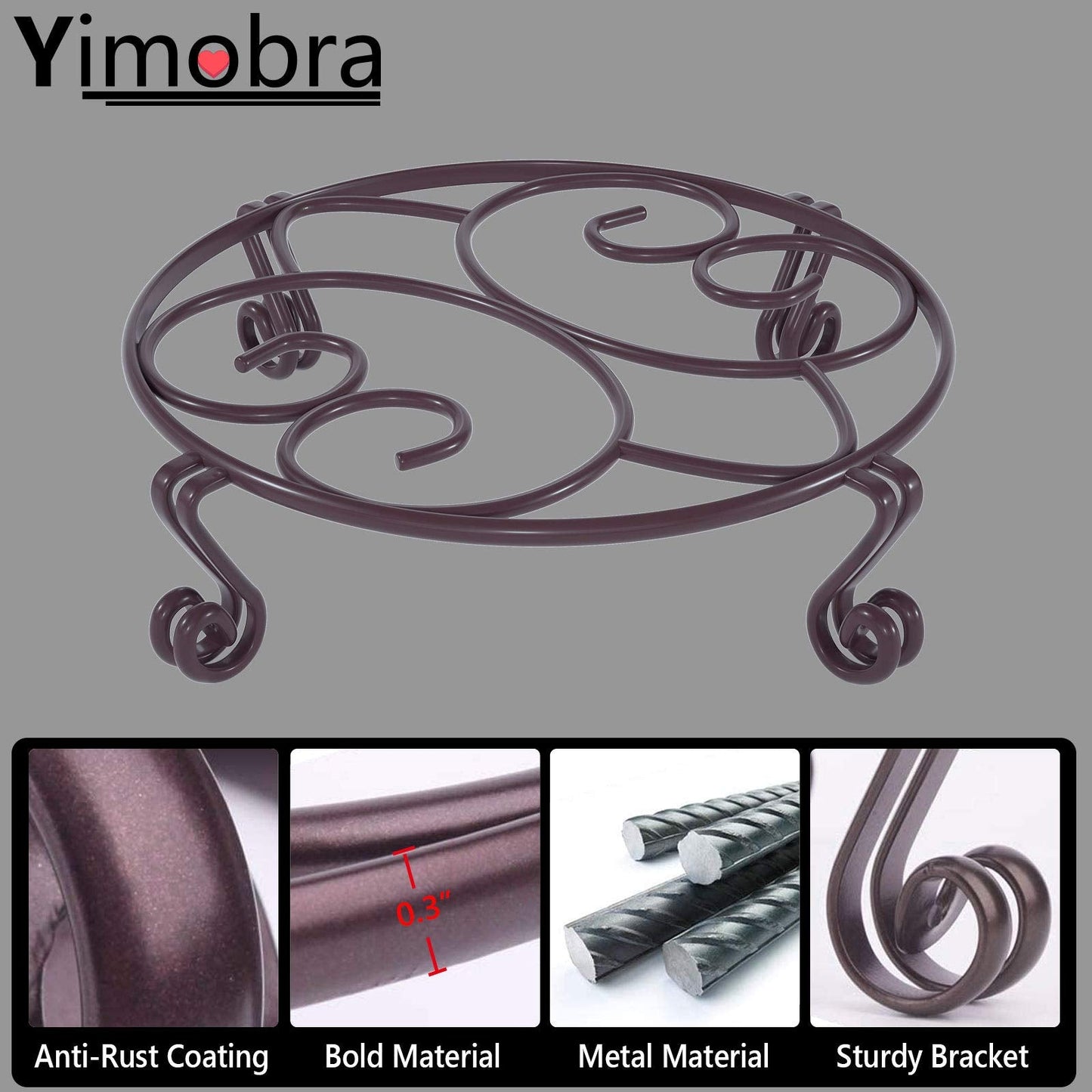 Yimobra Original Patented Plant Stand for Flower Pot Heavy Duty Potted Holder Indoor Outdoor, Metal Rustproof Iron Garden Container Round Supports Rack for Planter, Brown, 11.8 Inches