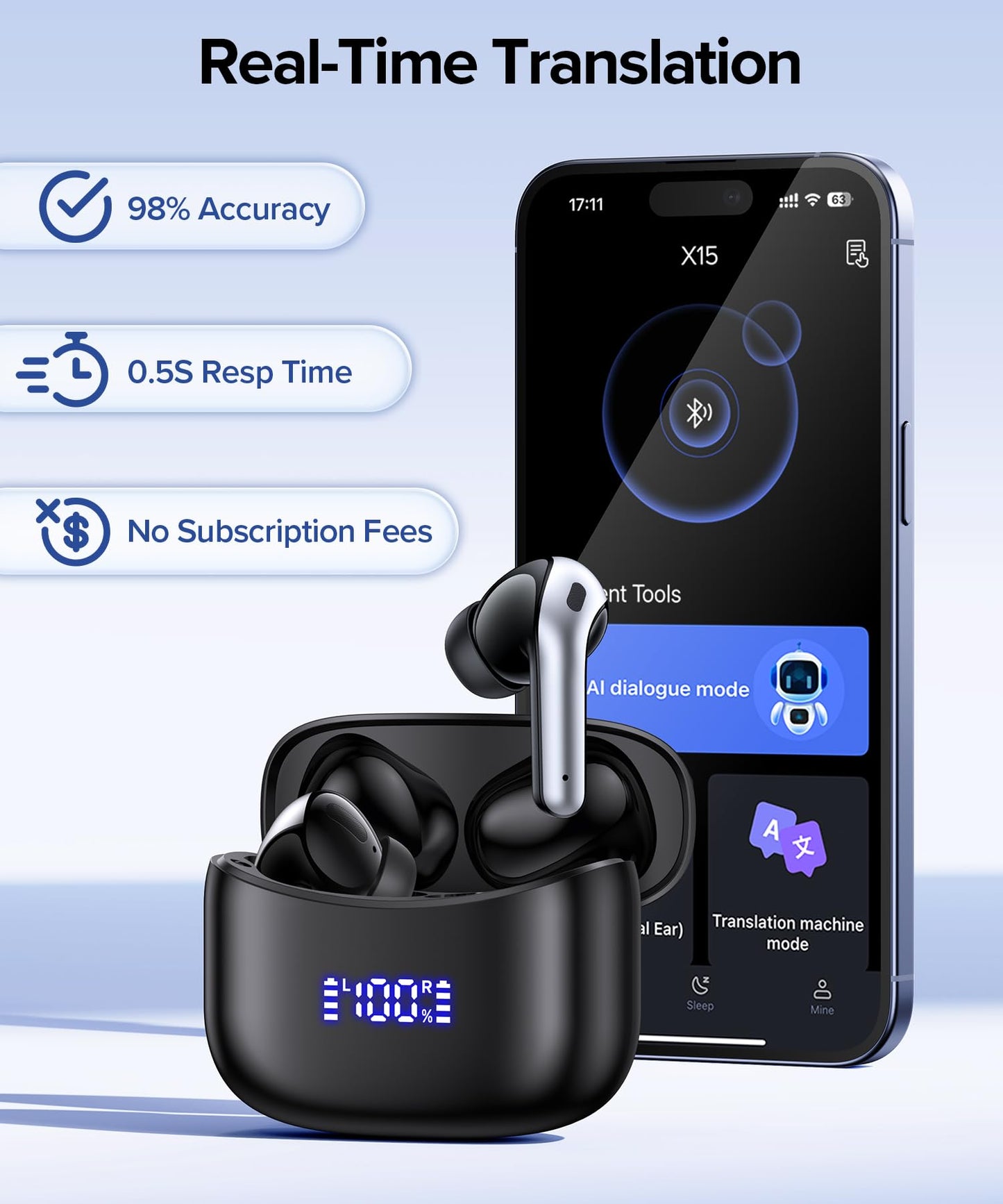 OKEEFE AI Translation Earbuds Real Time 164 Languages Translator Ear Buds Audifonos Traductores Inglés Español 70H Playtime Wireless Earphones AI Bluetooth Headphones for Travel Meeting Learning