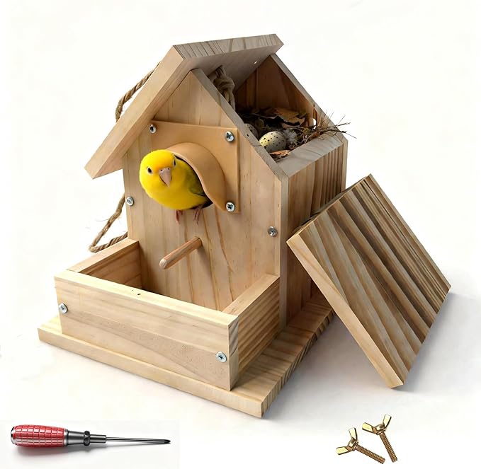 Hanging Bird House for Outside Clearance, Cedar Wooden Bird House to Paint for Finch Bluebird Cardinals, Bird Nest Feeder W/Rain Awning Kit for Outdoor Backyard Courtyard Patio Decor (DIY Detachable)