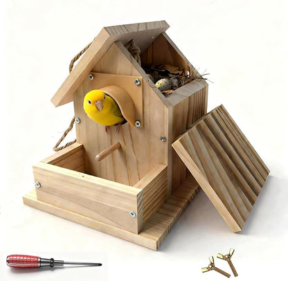 Hanging Bird House for Outside Clearance, Cedar Wooden Bird House to Paint for Finch Bluebird Cardinals, Bird Nest Feeder W/Rain Awning Kit for Outdoor Backyard Courtyard Patio Decor (DIY Detachable)