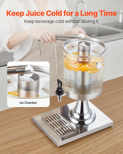 VEVOR Beverage Dispenser, 2.1 Gallon Drink Dispenser for Parties, Stainless Steel + Plastic Juice Dispensers with Spigot Ice Chamber Tray, Iced Tea Lemonade Juice Dispensers, for Restaurants, Hotels