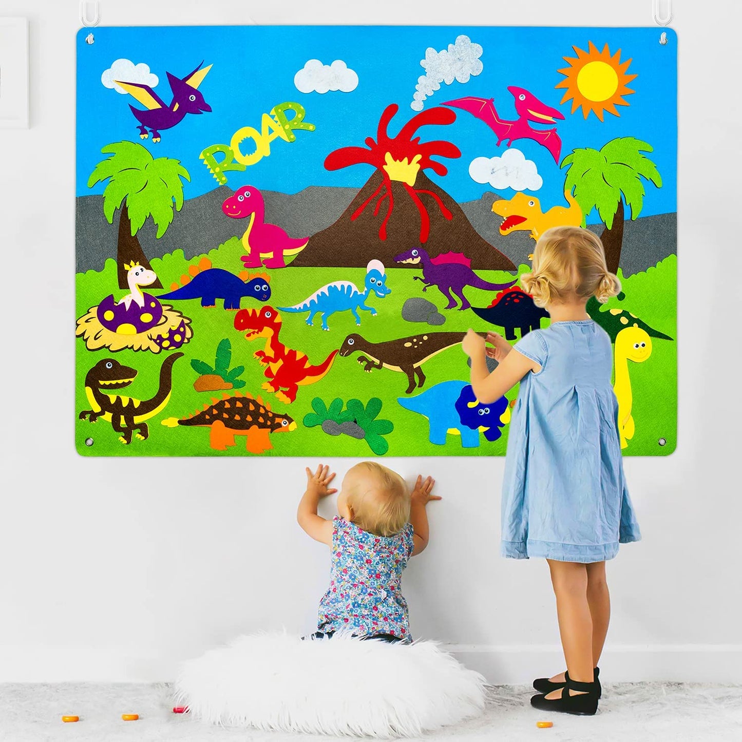 WATINC Dinosaur Felt Board Stories Set - 37Pcs 3.5Ft Dinosaur Classification Storytelling Kit, Preschool Early Learning Flannel Board with Roar Volcano Theme Wall Hanging for Classroom Homeschool