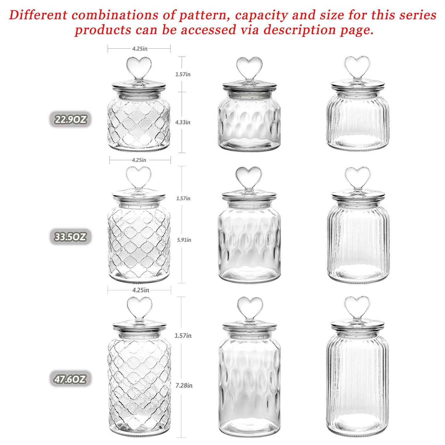 WHJY Set of 2 Airtight Glass Jars, 45oz Jar of Hearts Cute Cookie Jar Decorative Jars with Lids Candy Jars for Candy Buffet Heart Shaped Lid - Stripes Textured