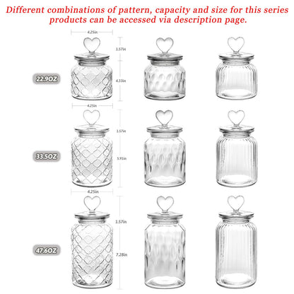 WHJY Set of 2 Airtight Glass Jars, 45oz Jar of Hearts Cute Cookie Jar Decorative Jars with Lids Candy Jars for Candy Buffet Heart Shaped Lid - Stripes Textured