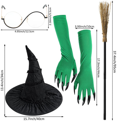 Hlimior 4 Pcs Halloween Witch Costume Set Include Black Witch Hat Broomstick Green Claw Gloves & Glasses,Halloween Costume Accessories for Women Cosplay & Party Fun