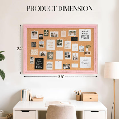 QUEENLINK Cork Bulletin Board 36" x 24", Wall Mounted Cork Board with Pink Wooden Frame, Decorative Pin Board for Office, Home & Classroom Decor, White
