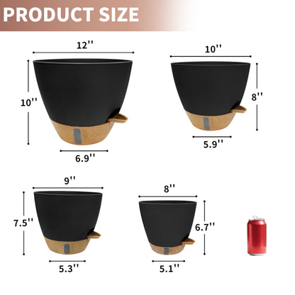 MNKXL 12"/10"/9"/8" Self Watering Pots with Visual Water Window,Extra Large Self Watering Plant Pots with Drainage Holes & Saucers,Black Planters for Indoor Plants,4-Pack