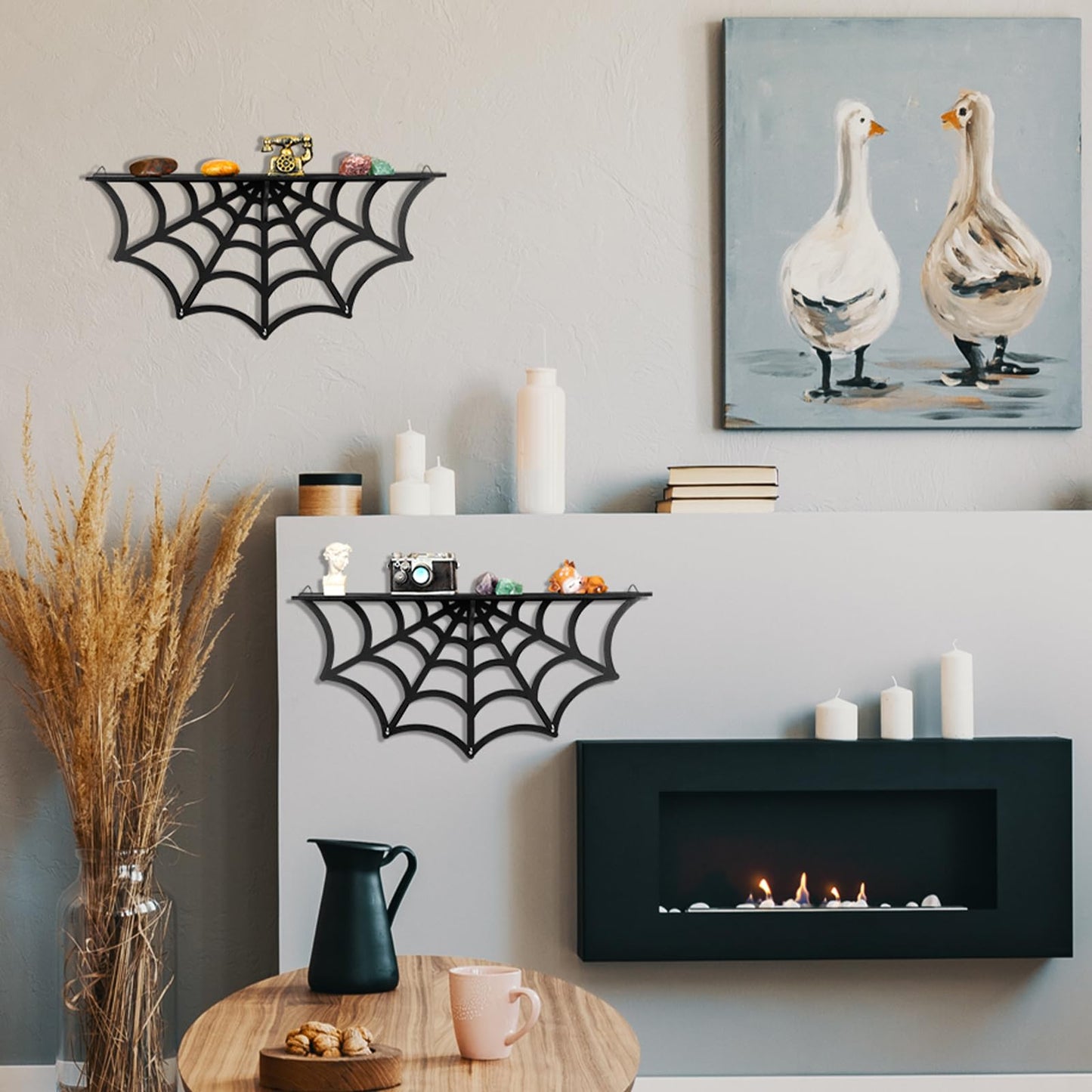 Geetery 3 Sets Gothic Spider Web Shelves, Wall Mounted Goth Shelf, Display Shelf for Crystal and Stones, Wooden Floating Shelf with Hooks for Bedroom Living Room, Halloween Witchy Hanging Decor