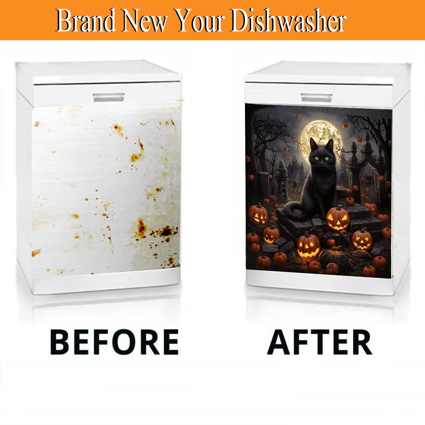 Happy Halloween Magnetic Cover - Cat Magnet Dishwasher Door Cover, Pumpkin Refrigerator Decal, 23Wx26H Inches