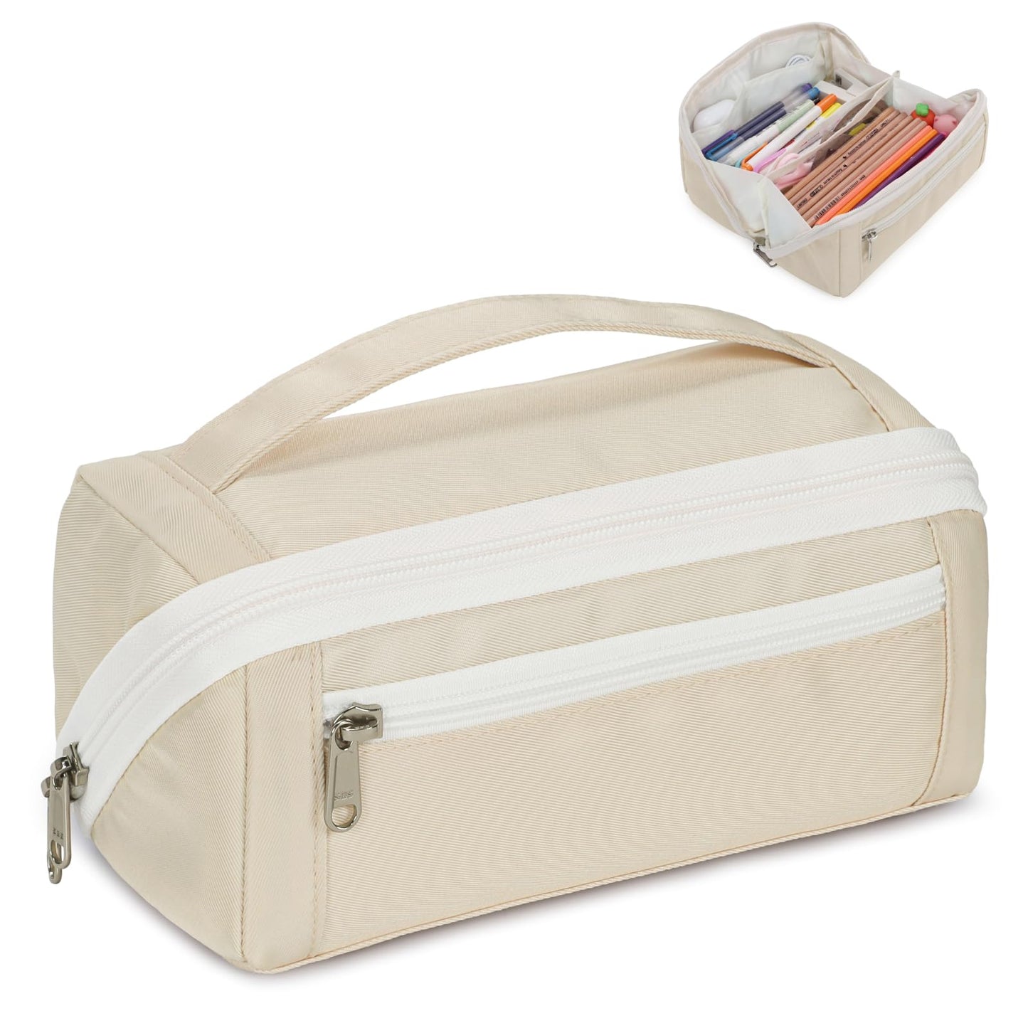 BrainyBees Large Pencil Pouch for Teen Girls, 8 Compartments, Cream White