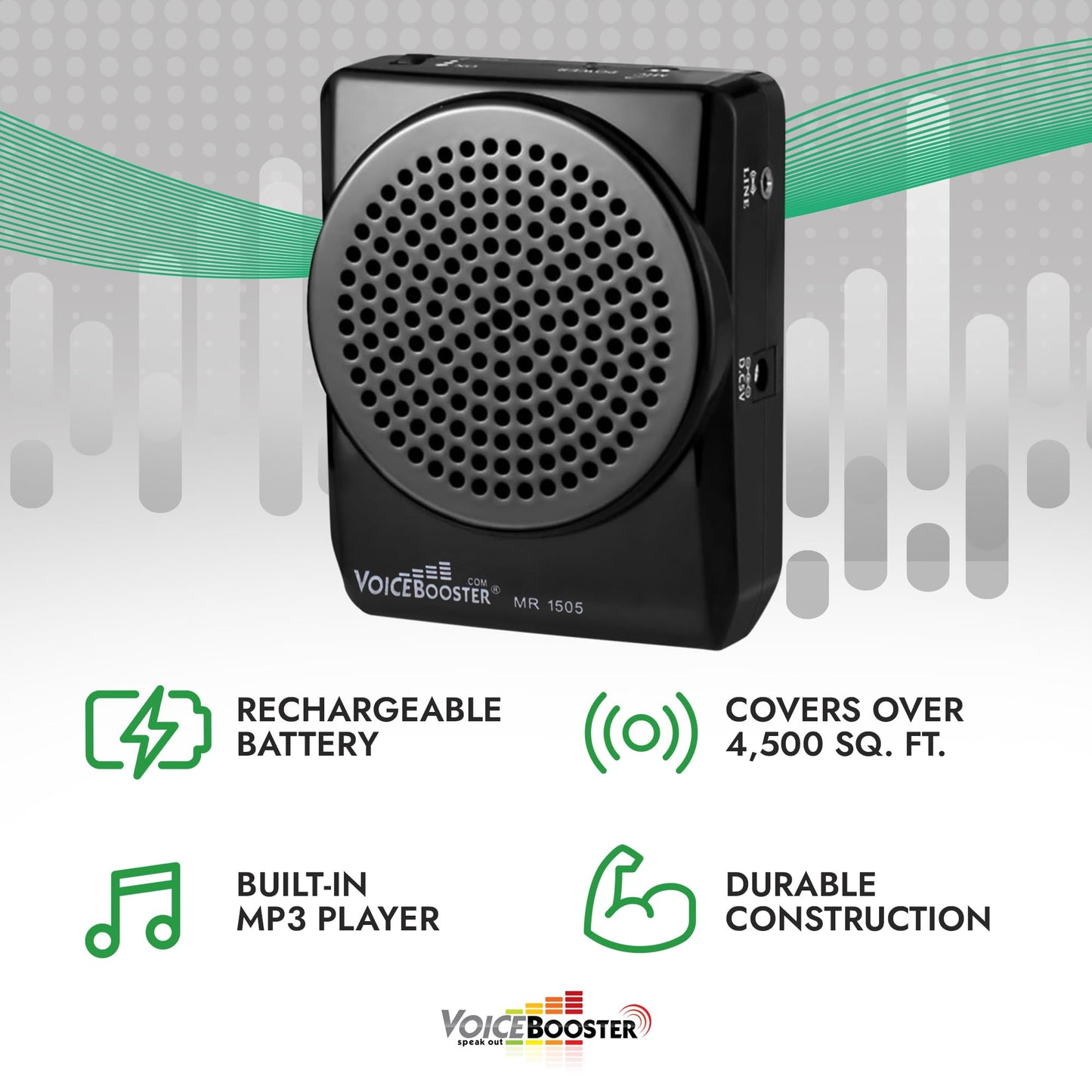 VoiceBooster Portable Voice Amplifier for Teachers - 12W Rechargeable Portable Speaker & MP3 Player with Wearable Microphone Headset for Classroom, Tour Guide, Elderly, Public Speaking - MR1505