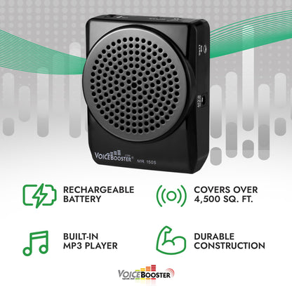 VoiceBooster Portable Voice Amplifier for Teachers - 12W Rechargeable Portable Speaker & MP3 Player with Wearable Microphone Headset for Classroom, Tour Guide, Elderly, Public Speaking - MR1505